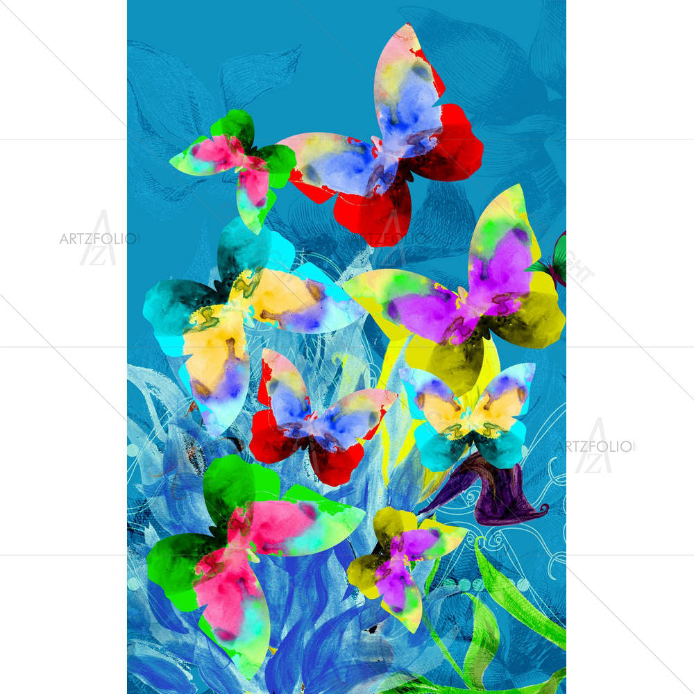 Butterflies On Blue Plants — custom-size art design 5002157