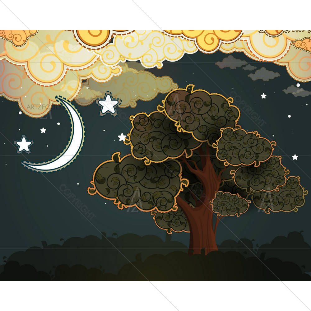 Cartoon Clouds Moon & Tree — Animated Cartoons custom art by ArtzFolio