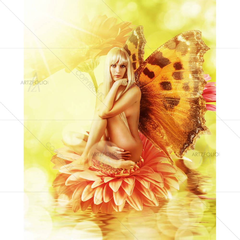 Beautiful Fairy With Wings On A Flower In Water — custom-size art design 5002220