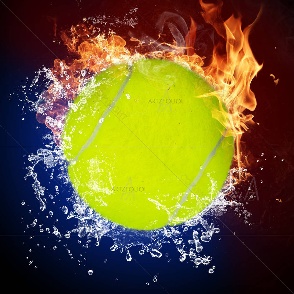 Tennis Ball In Fire Flames & Splashing Water — custom-size art design 5002284