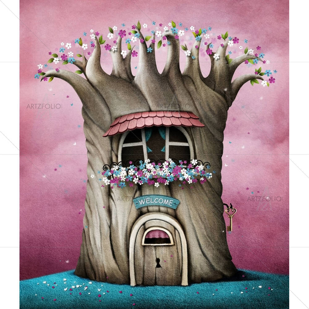 Blooming Tree With Window & Flowers — Botanical custom art by ArtzFolio
