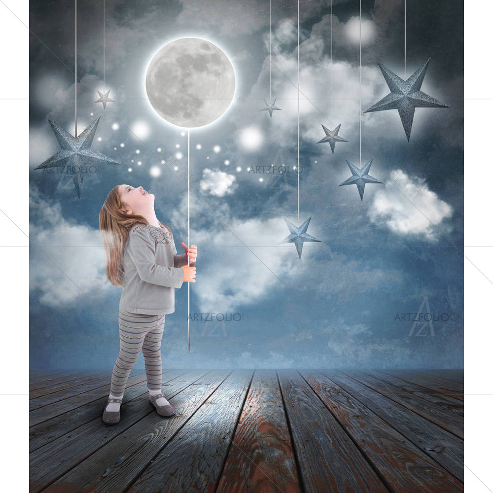 Girl Playing With Balloon Moon — custom-size art design 5002469