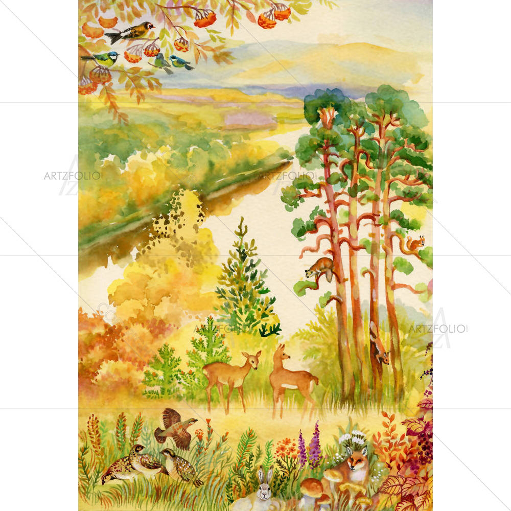 Autumn Landscape With Deer — American custom art by ArtzFolio