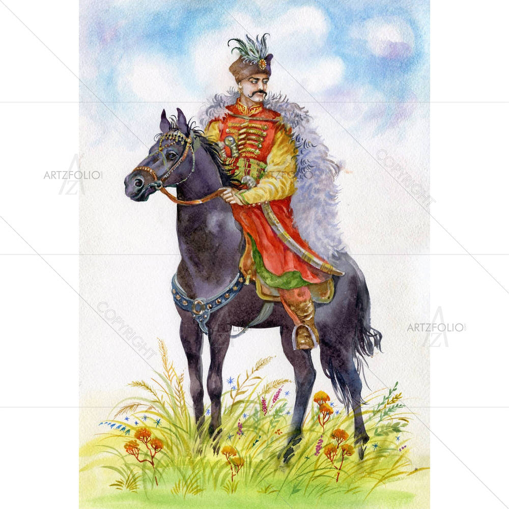 Ukrainian Cossack On A Black Horse — custom-size art design 5002479