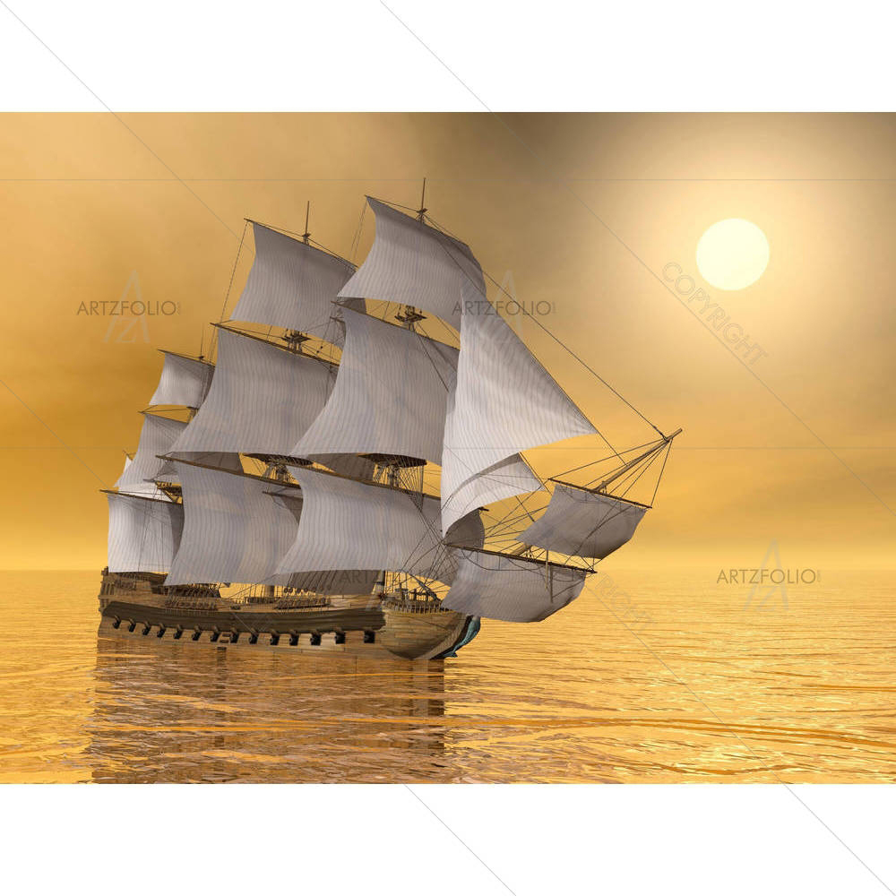 Old Merchant Ship Floating On Quiet Water Sunset — custom-size art design 5002502
