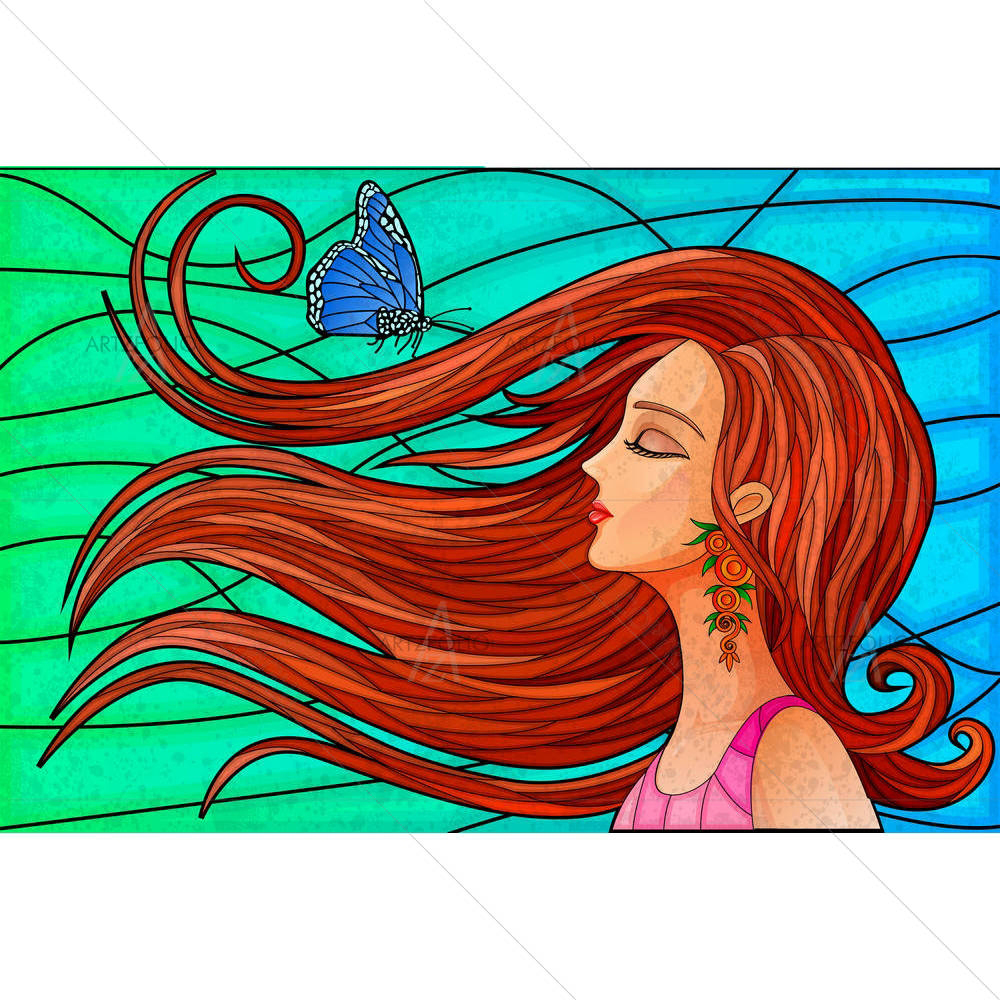 Blue Butterfly & Girl With Long Hair — Botanical custom art by ArtzFolio