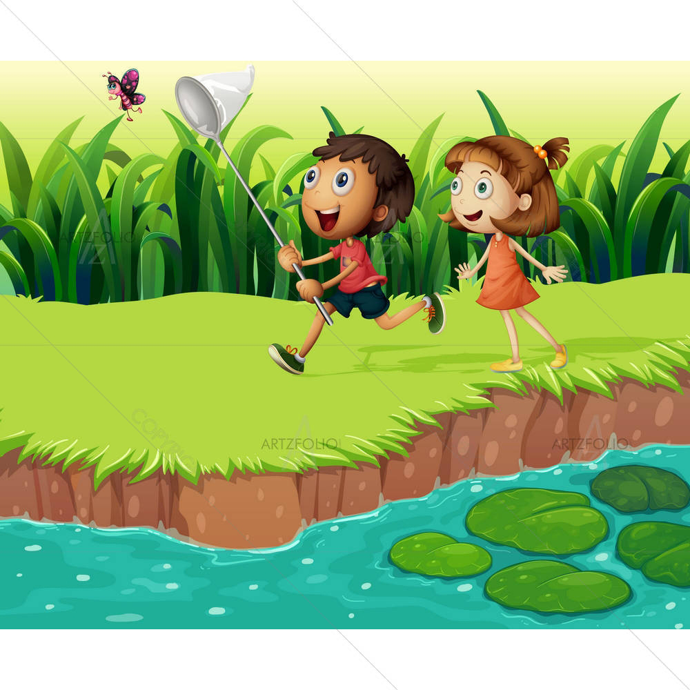 Kids Catching Butterflies — custom-size art design 5002531