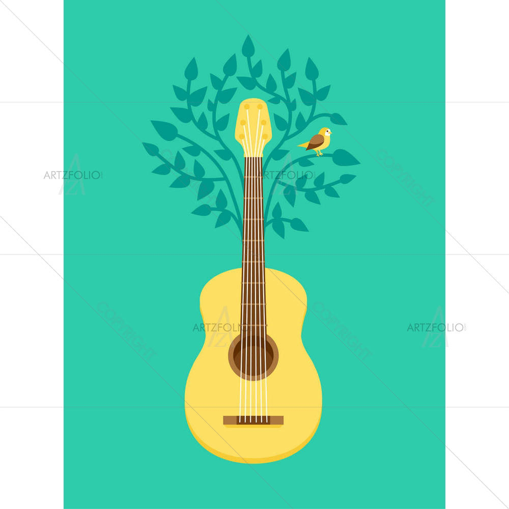 Retro Style Guitar & Bird On Tree — custom-size art design 5002634