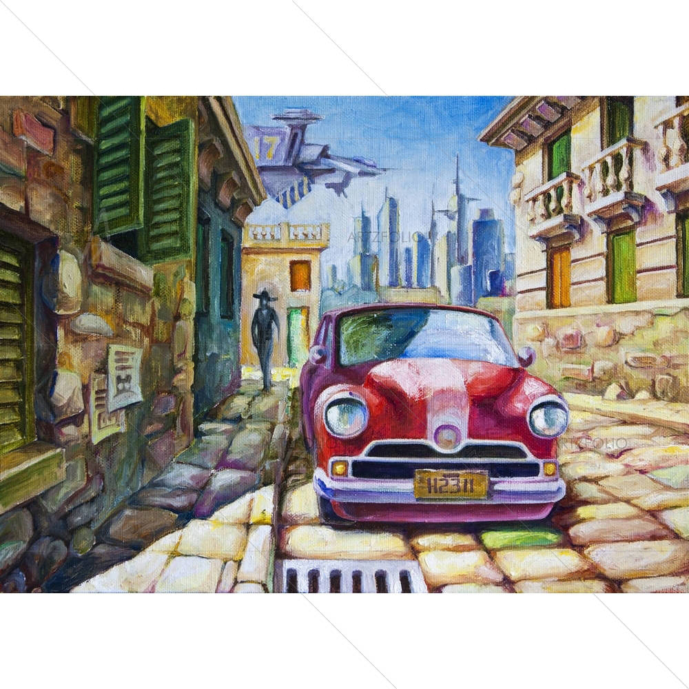 Old Red Car Is Standing At The Sunny Street — Fluid marble custom art by ArtzFolio