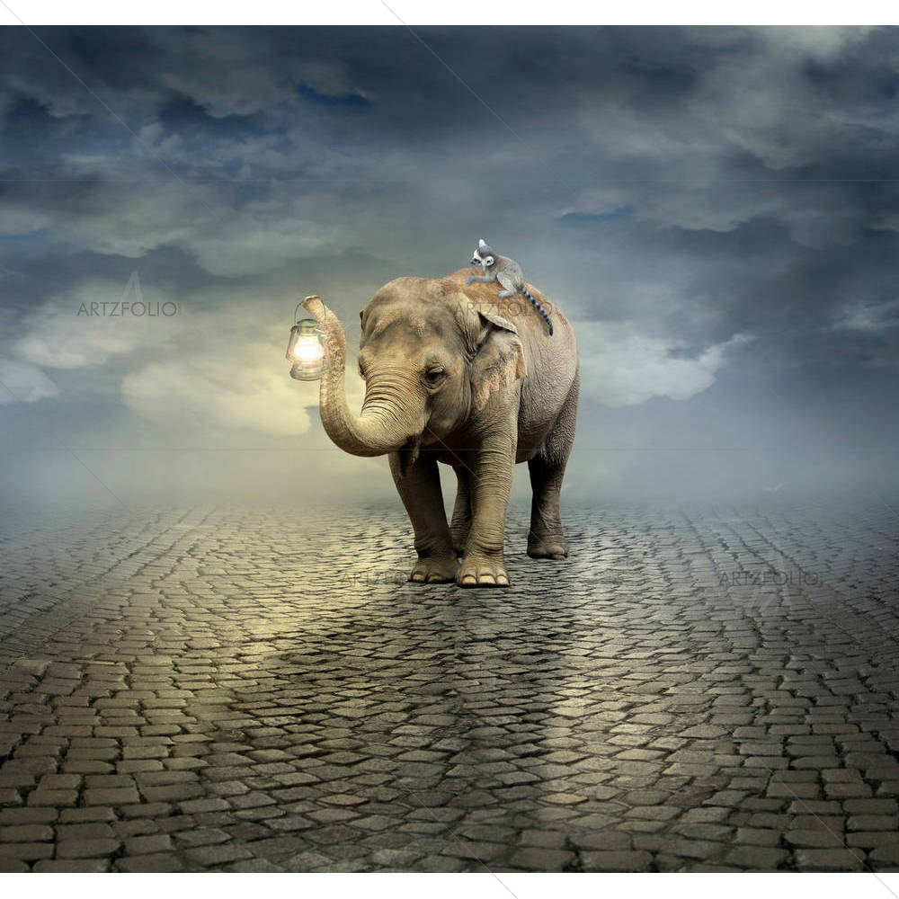 Elephant Carrying A Lemur & A Lantern — custom-size art design 5002731