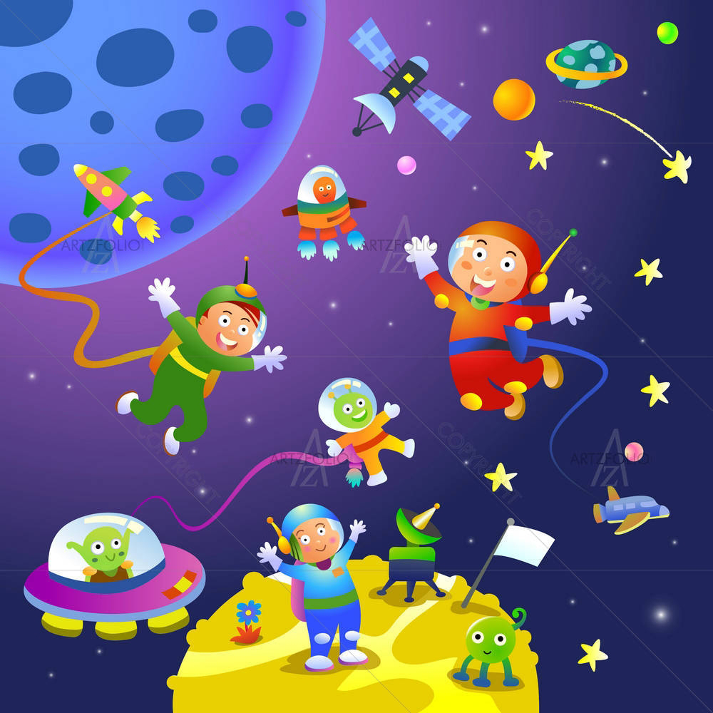 Boy Girl Astronaut In Space Scenes — Animated Cartoons custom art by ArtzFolio