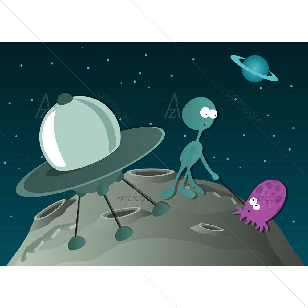 Two Aliens & Spaceship — Animated Cartoons custom art by ArtzFolio
