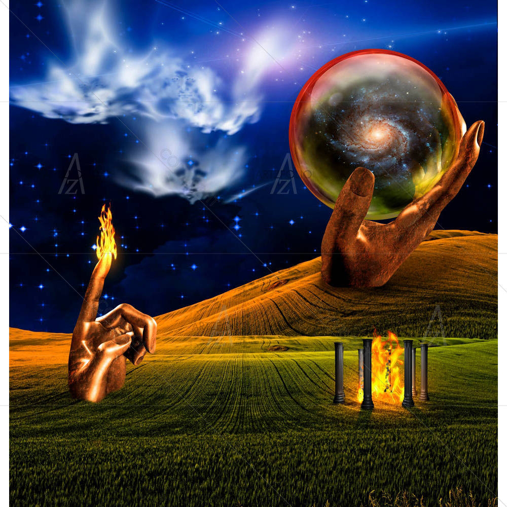 Landscape With Fire Temple & Faces In Clouds — Abstract custom art by ArtzFolio