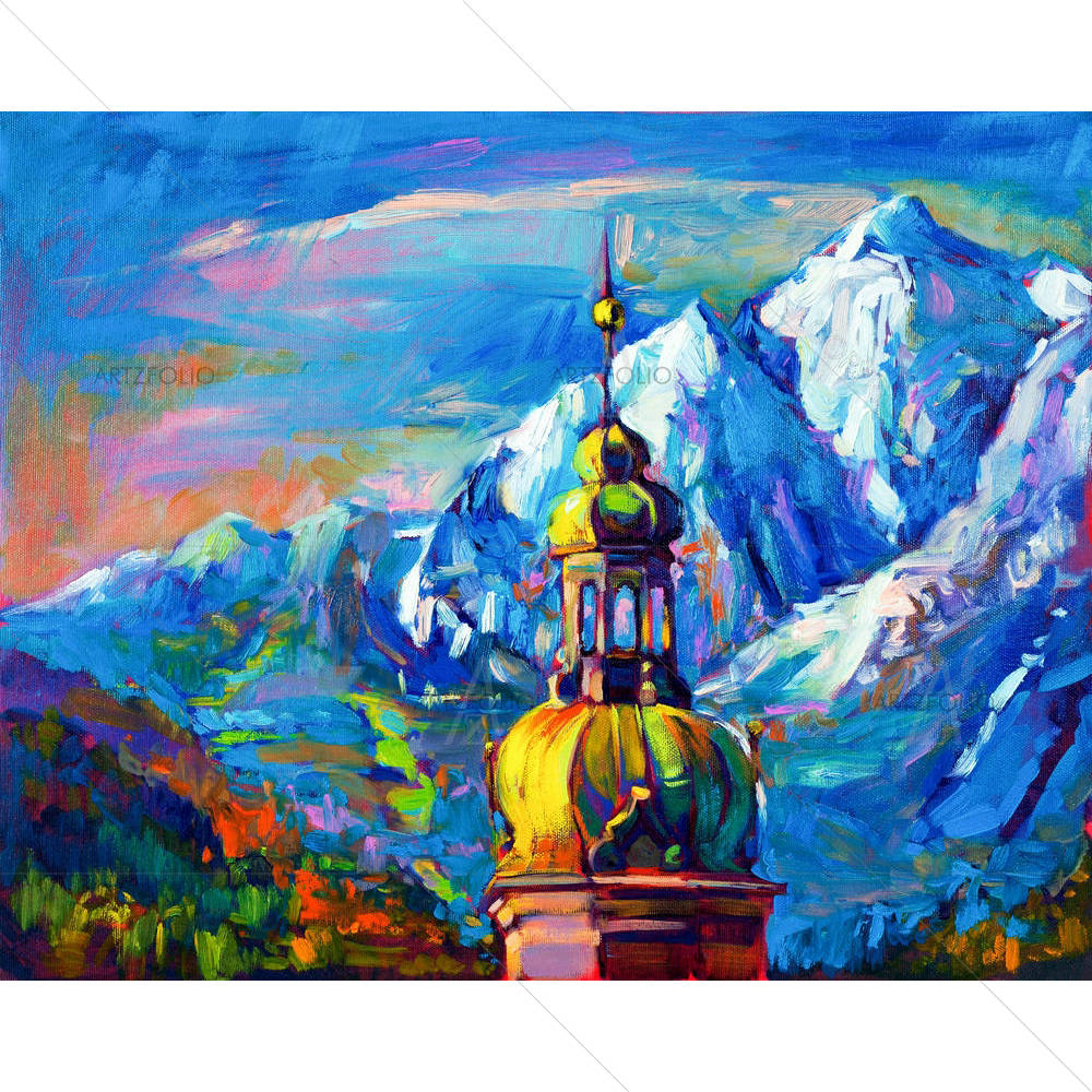 Church In Front Of Mountain Landscape — Ancient custom art by ArtzFolio