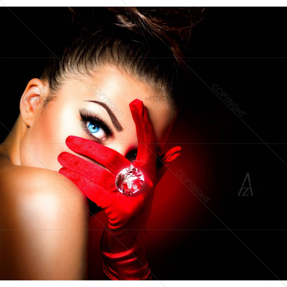Mysterious Woman Wearing Red Glamour Gloves — custom-size art design 5002979