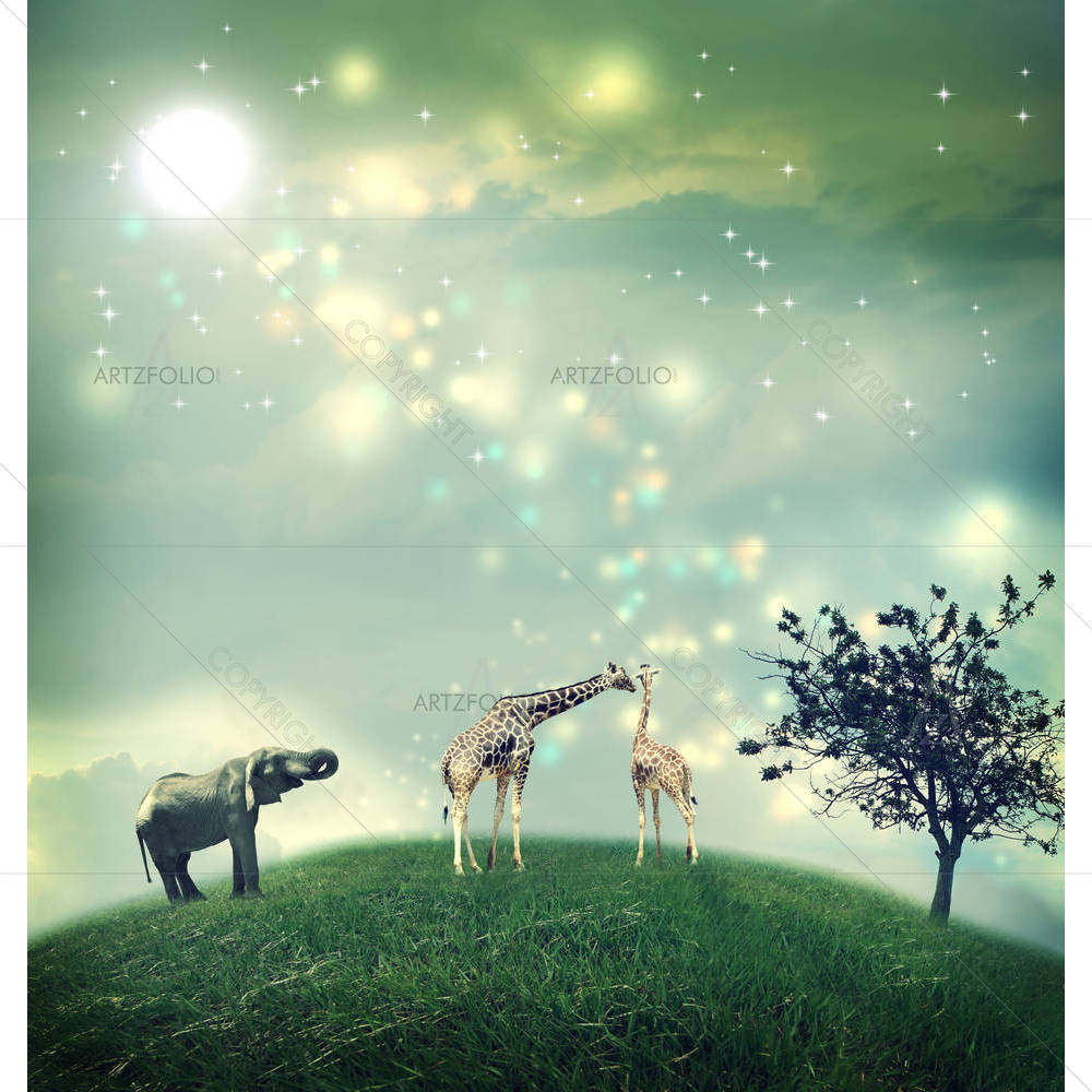 Giraffes & An Elephant On A Hilltop — Ancient custom art by ArtzFolio