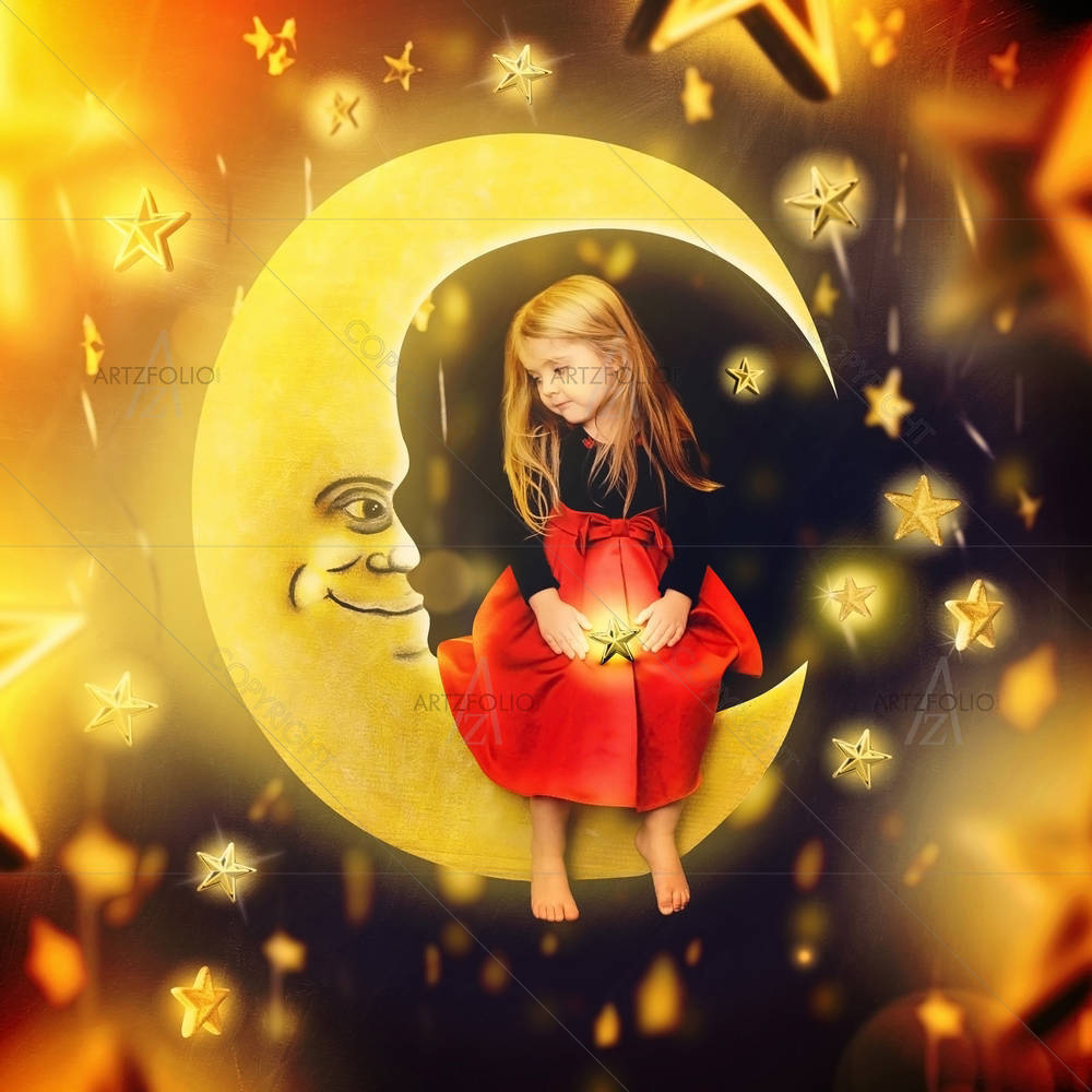 Girl on a Bright Moon With Falling Stars — custom-size art design 5002990