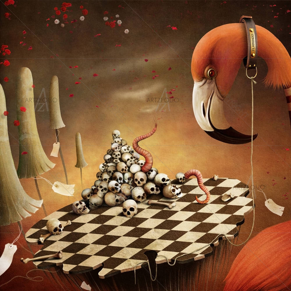 Fairy Tale Wonderland With Flamingo & Mushrooms — Botanical custom art by ArtzFolio