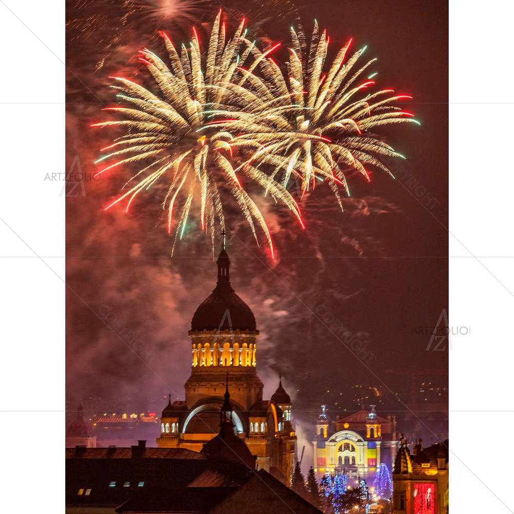 Fireworks in Avram Iancu Square, Romania — custom-size art design 5003070