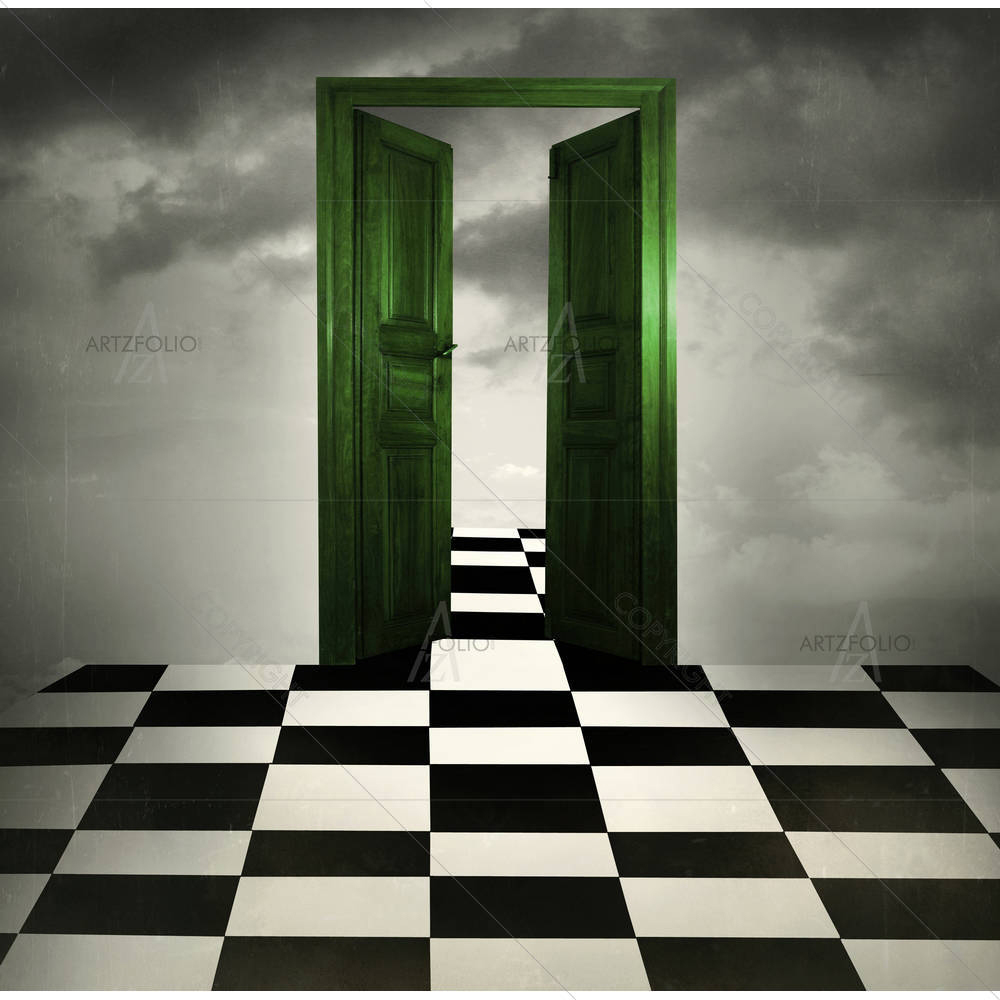 Green Opened Door Chessboard Floor — custom-size art design 5003195