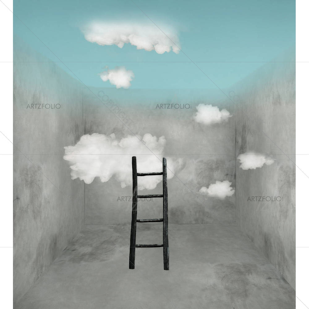 Surreal Room With Wooden Ladder & Clouds — custom-size art design 5003259