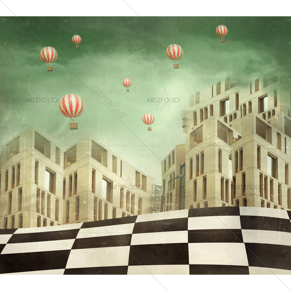 Modern Buildings & Balloons In A Surreal Landscape — custom-size art design 5003292