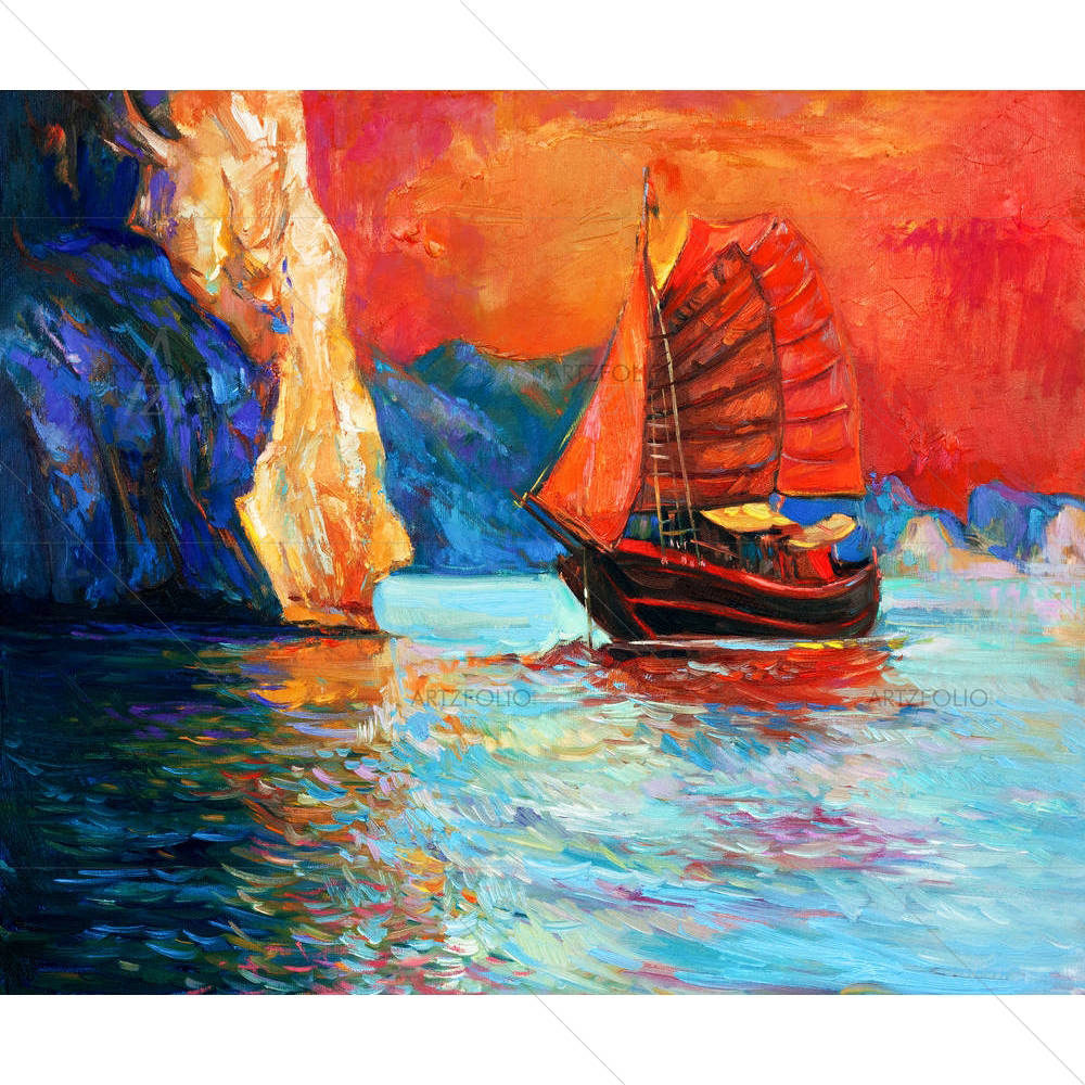 Chinese Sailing Ship & Cliffs — custom-size art design 5003331