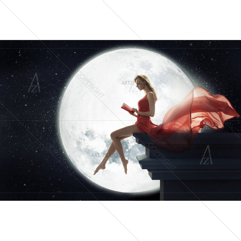 Cute Lady Over Full Moon — custom-size art design 5003354