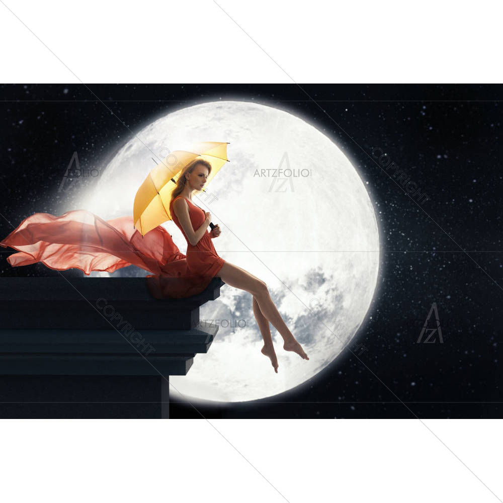 Lady With Umbrella Over Full Moon — custom-size art design 5003359