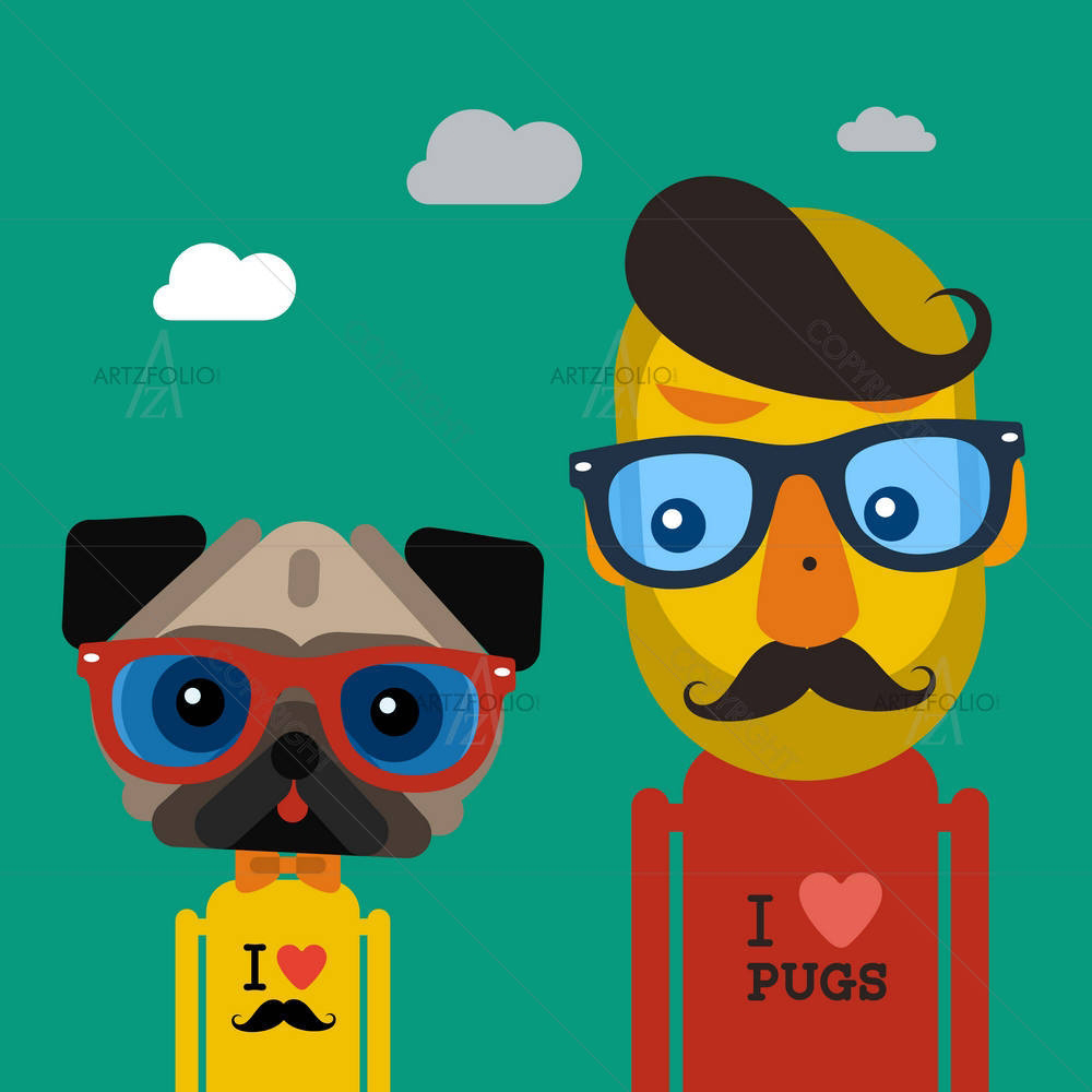 Hipster Man & Pug D1 — Animals custom art by ArtzFolio