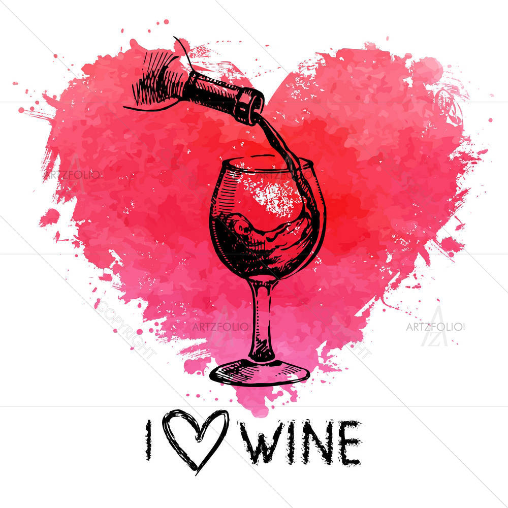 Wine With Splash Watercolor Heart — Ancient custom art by ArtzFolio
