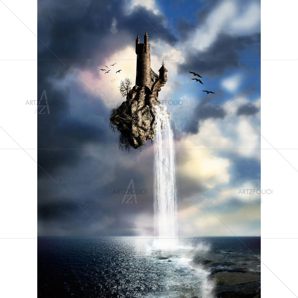 Fantastic Castle With Waterfall — Fluid marble custom art by ArtzFolio