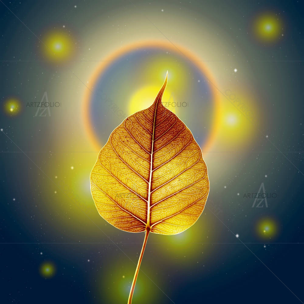 Gold Pho Or Bodhi Leaf With Moon Halo — custom-size art design 5003484