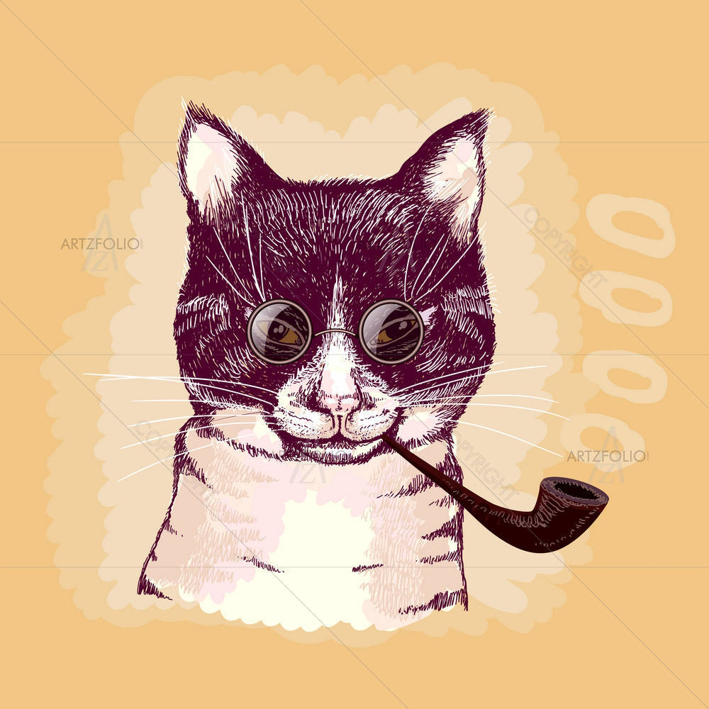 Cat Smoking A Pipe & Wearing Glasses — Ancient custom art by ArtzFolio