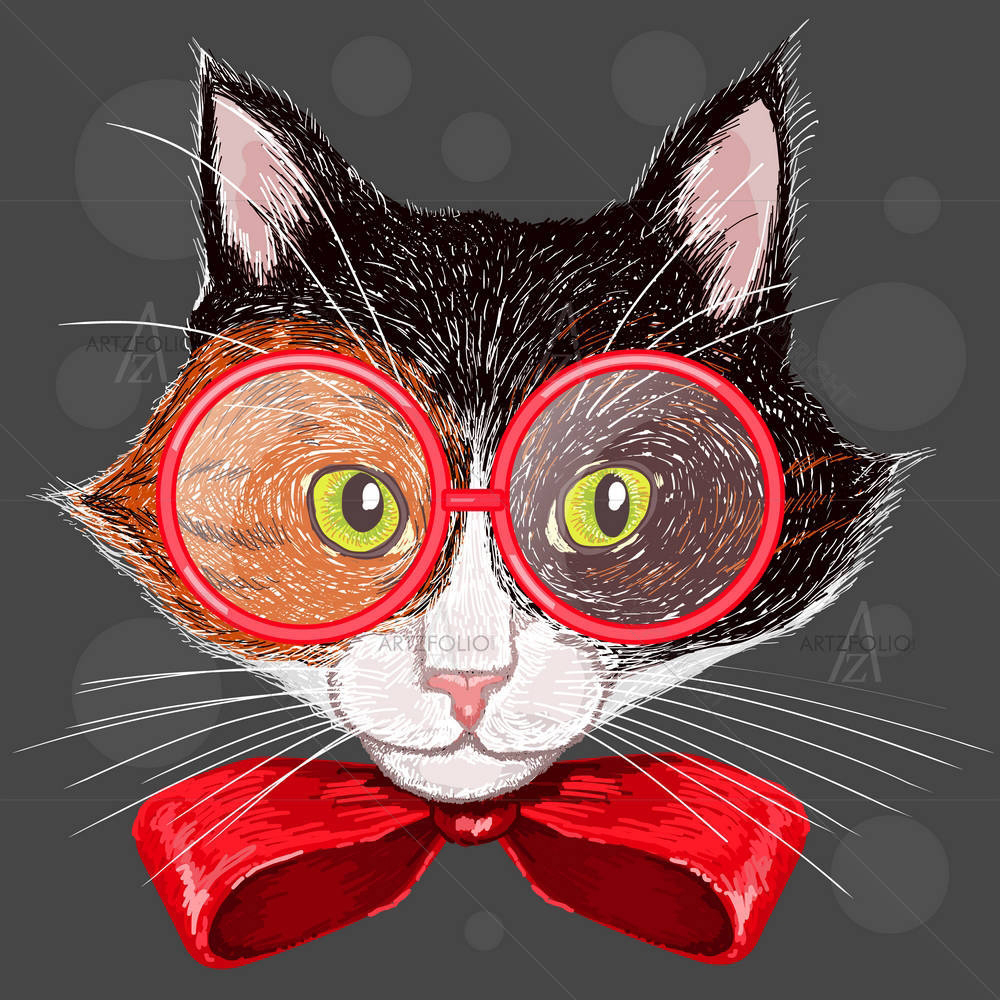 Calico Cat In Red Glasses & A Bow — Ancient custom art by ArtzFolio