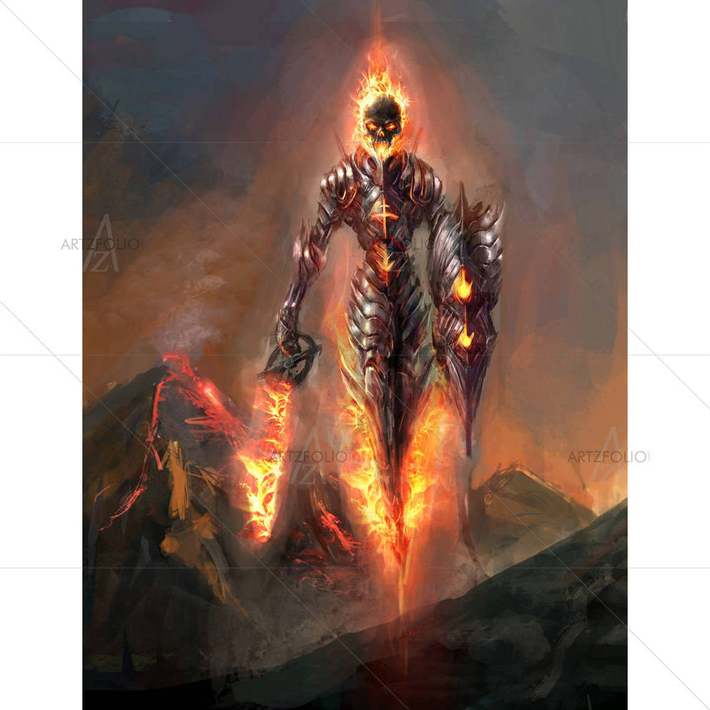 Burning Skeleton Knight Over Volcano — Fantasy custom art by ArtzFolio