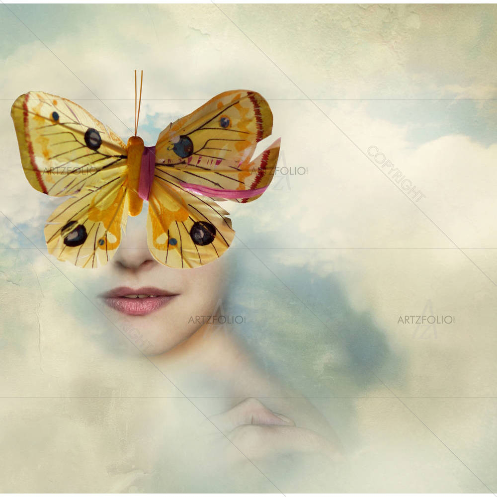 Female Portrait Shrouded In Clouds With Butterfly — custom-size art design 5003589