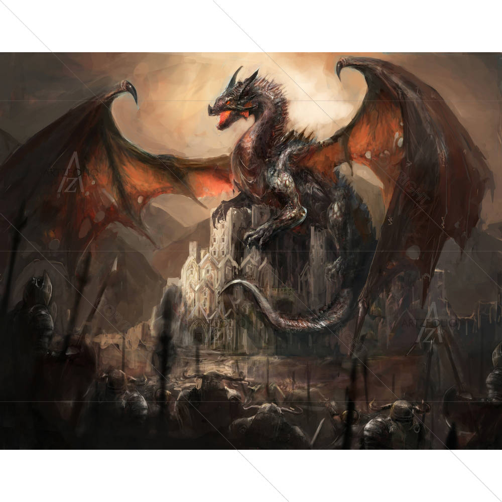 War With The Dragon On Castle — Ancient custom art by ArtzFolio