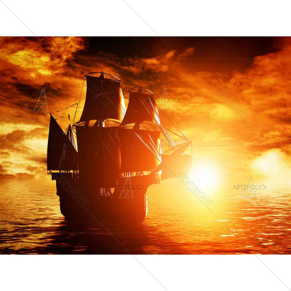 Ancient Pirate Ship Sailing On The Ocean D1 — Ancient custom art by ArtzFolio