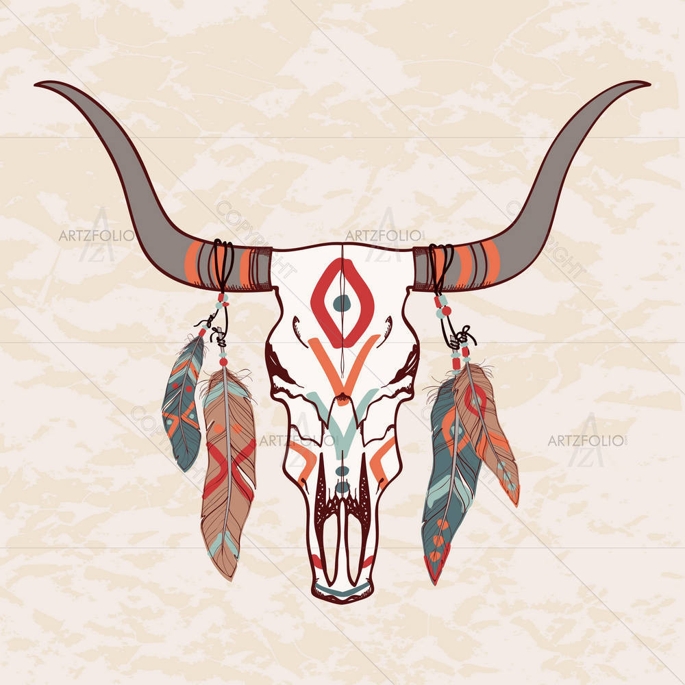 Bull Skull With Feathers — custom-size art design 5003648