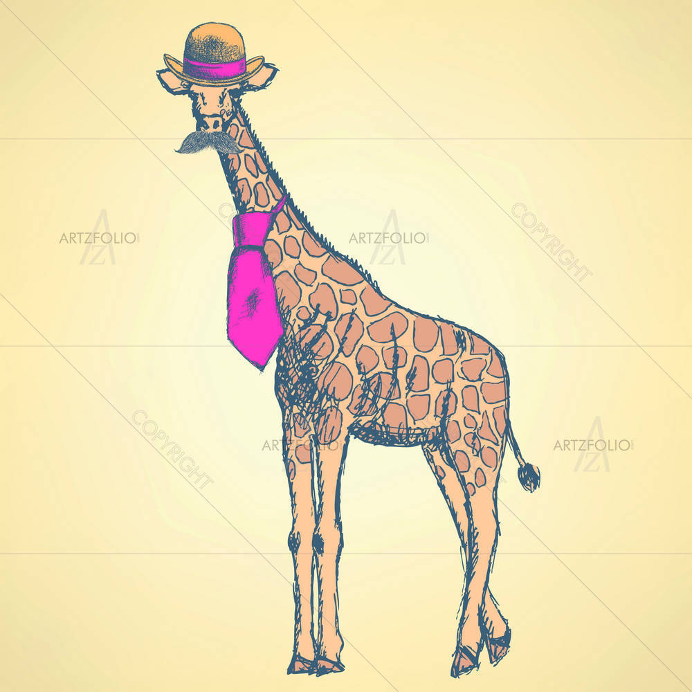 Giraffe Hipster In Hat & Tie With Mustache — custom-size art design 5003666