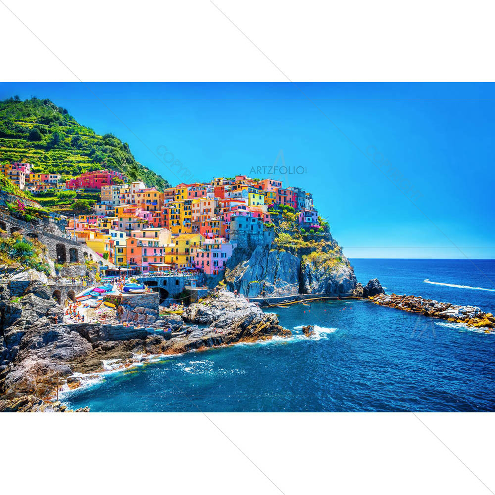 Mountains Over Mediterranean Sea, Cinque Terre Europe — Devotional custom art by ArtzFolio