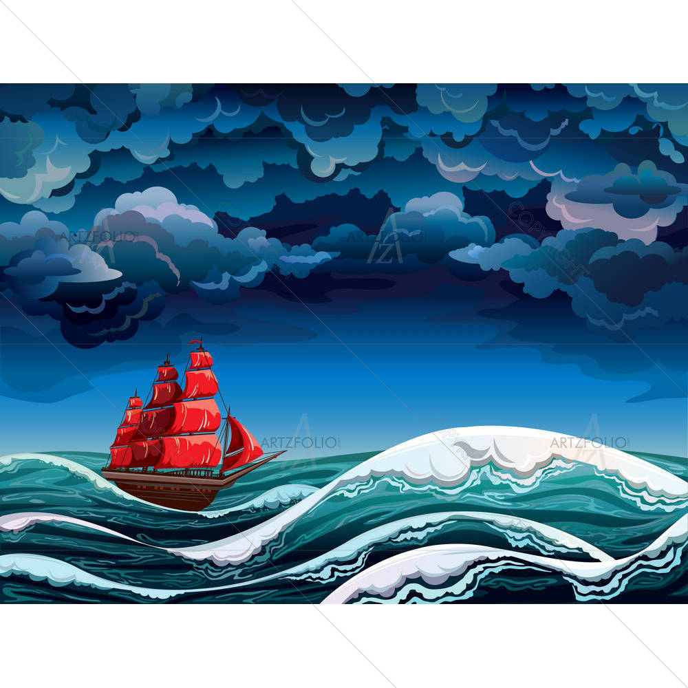 Night Seascape With Red Sailboat — custom-size art design 5003712
