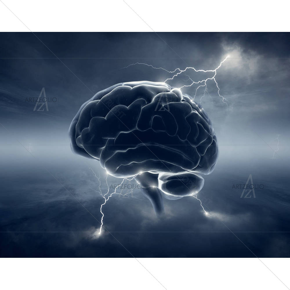Brain In Stormy Cloudscape & Lightning — custom-size art design 5003734