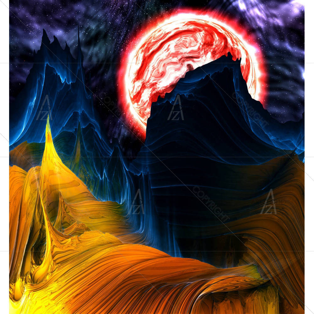 Alien Mountains With Space & A Red Planet — Abstract custom art by ArtzFolio
