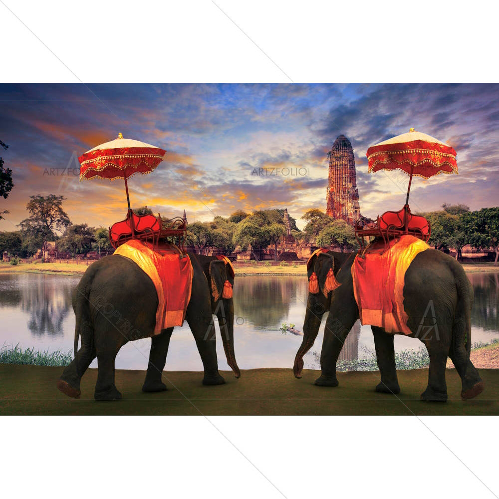 Thai Traditional Elephants In Old Pagoda Ayuthaya — custom-size art design 5003826