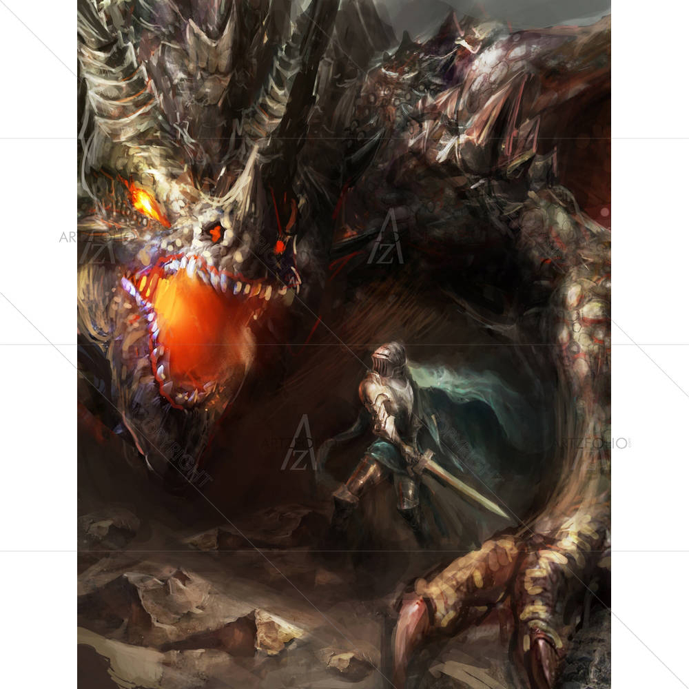 Knight Fighting Dragon D3 — Ancient custom art by ArtzFolio