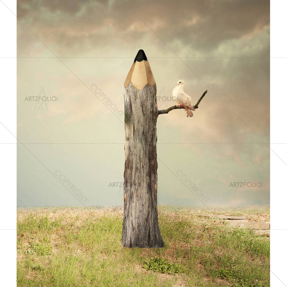 Pencil Like A Tree With A Dove Under A Branch — custom-size art design 5004025