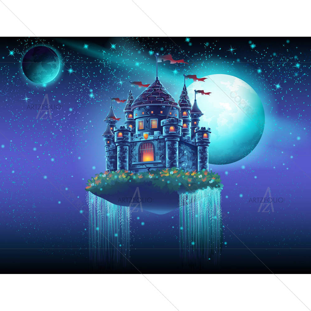Flying Castle Space With Waterfalls — Ancient custom art by ArtzFolio