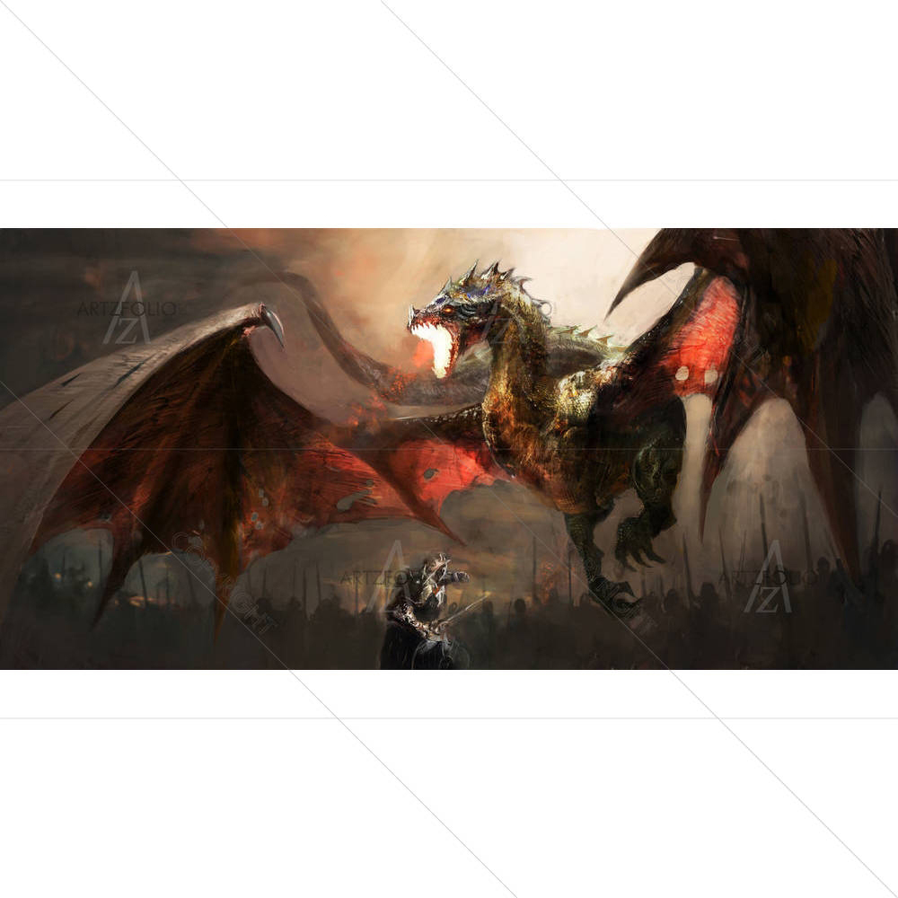 Knight Fighting Dragon D4 — Ancient custom art by ArtzFolio